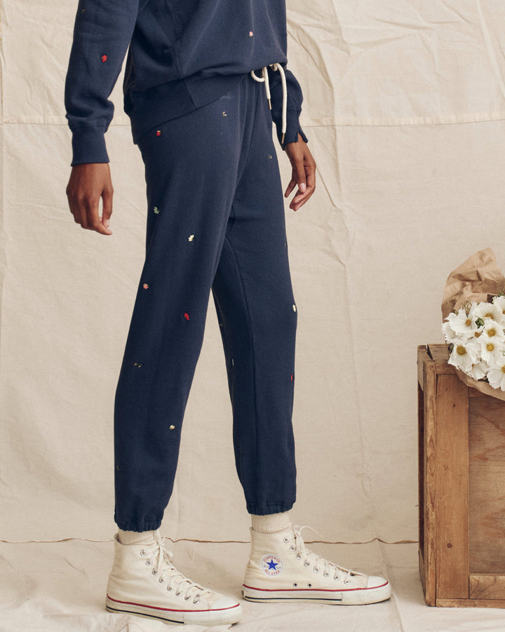 The Stadium Sweatpant | Navy with Tossed Floral Embroidery