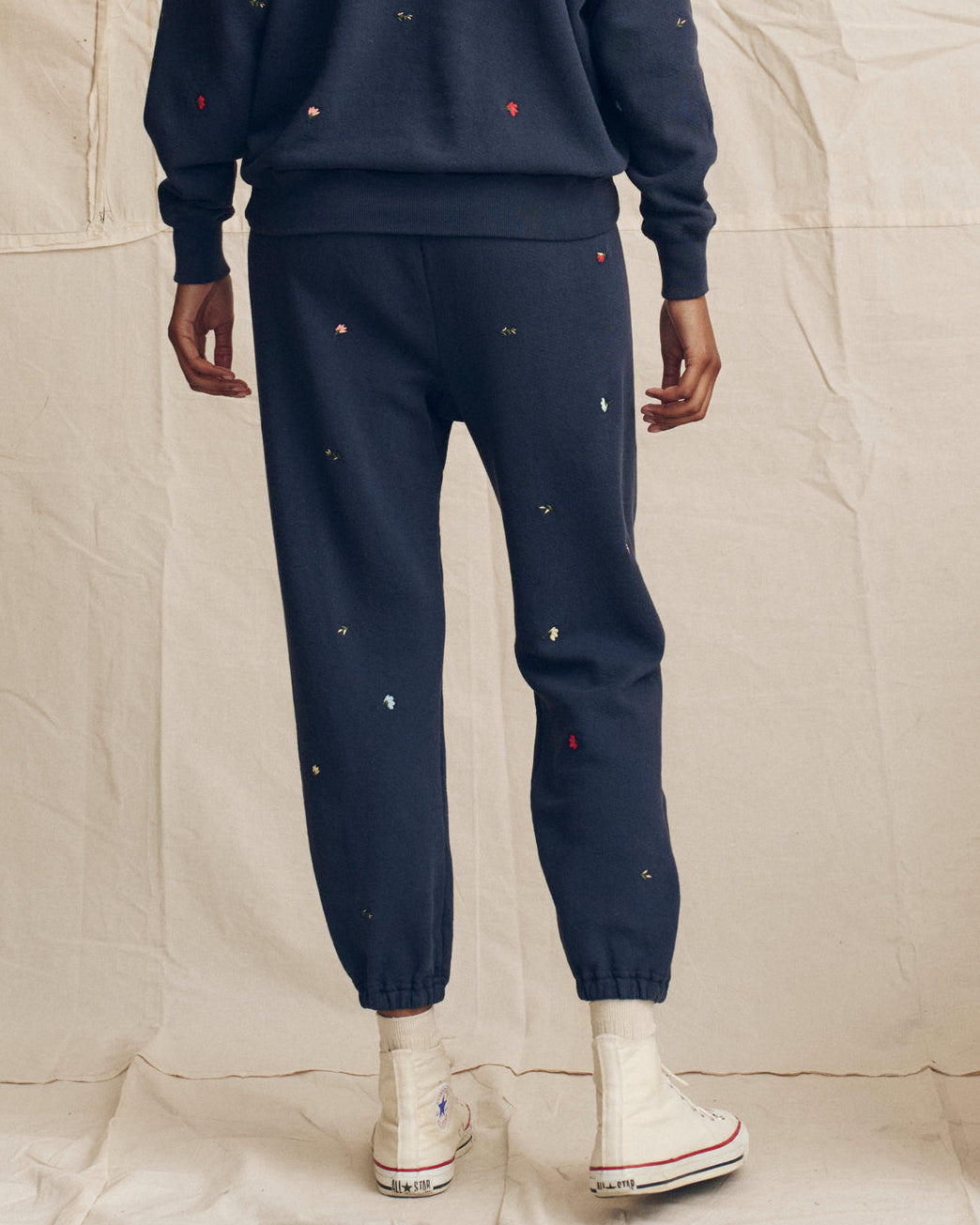 The Stadium Sweatpant | Navy with Tossed Floral Embroidery