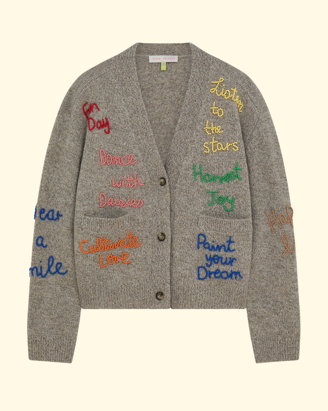 Beaded Embroidered Word Cardigan | Oat