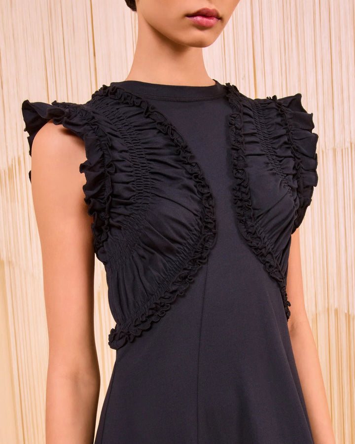 Shiva Sleeveless Ruffled Midi Dress | Noir