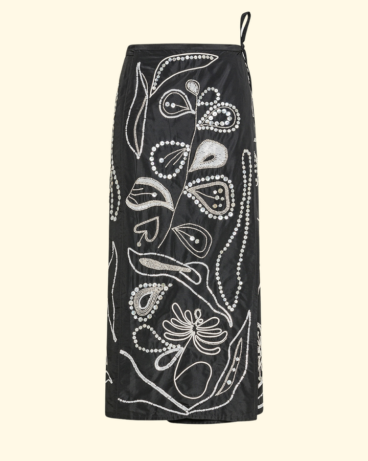 Pearl Embroidery Taffetas Sarong Skirt | Nero