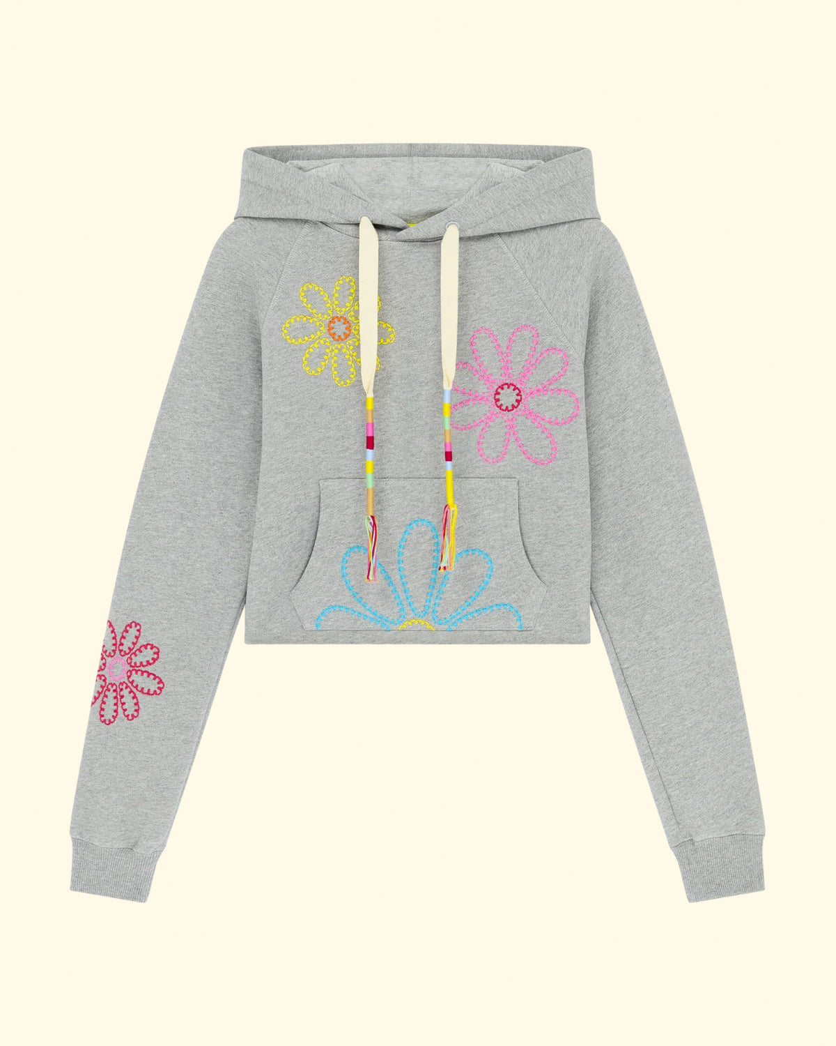 Embroidered Flower Cropped Hoodie | Grey