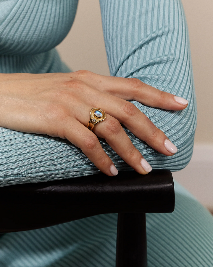 Three Stone Shelter Island Ring in Moonstone | 18k Yellow Gold