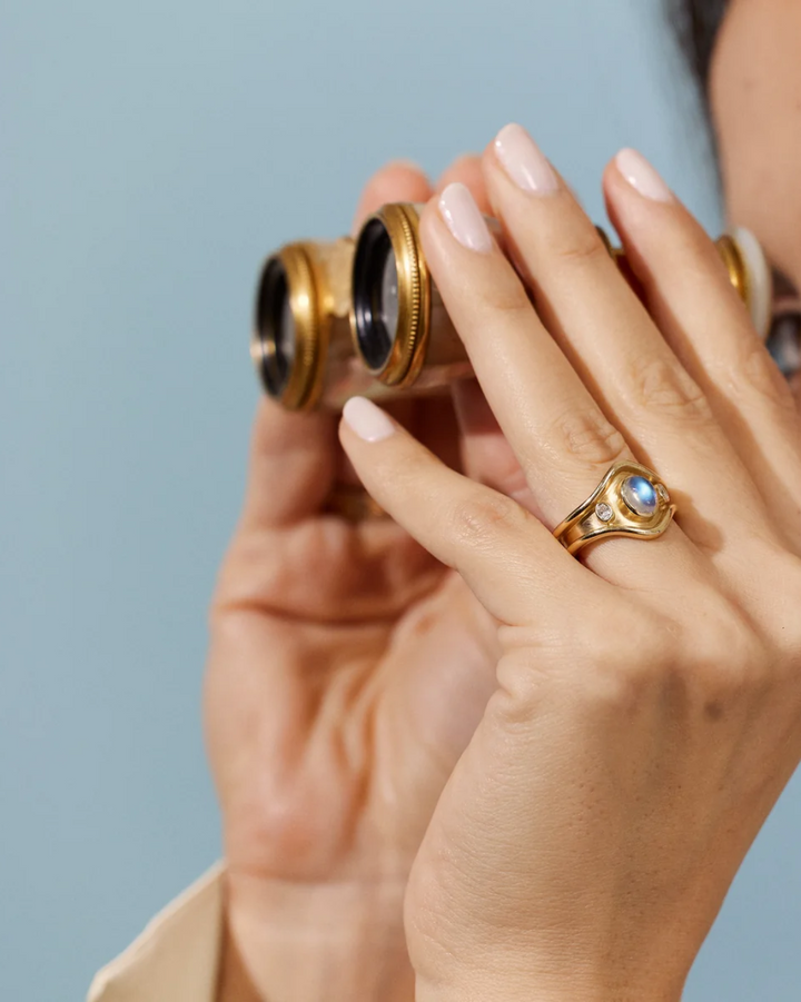 Three Stone Shelter Island Ring in Moonstone | 18k Yellow Gold