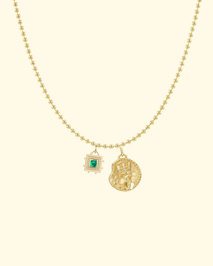 Naval Crown Coin + Square Evil Eye Emerald | 2mm Caviar Chain