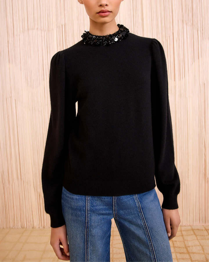 Kalani Embroidered Cashmere Long Sleeve Pullover | Noir