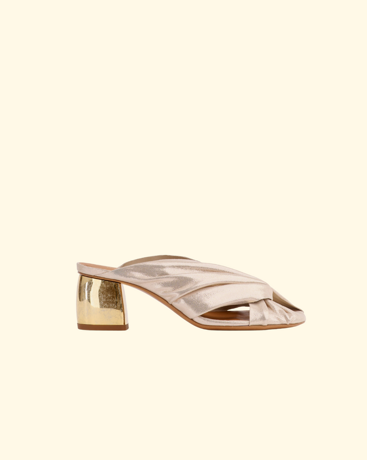 PREORDER Golden Heel Laminated Leather Crossed Sandal | Platino