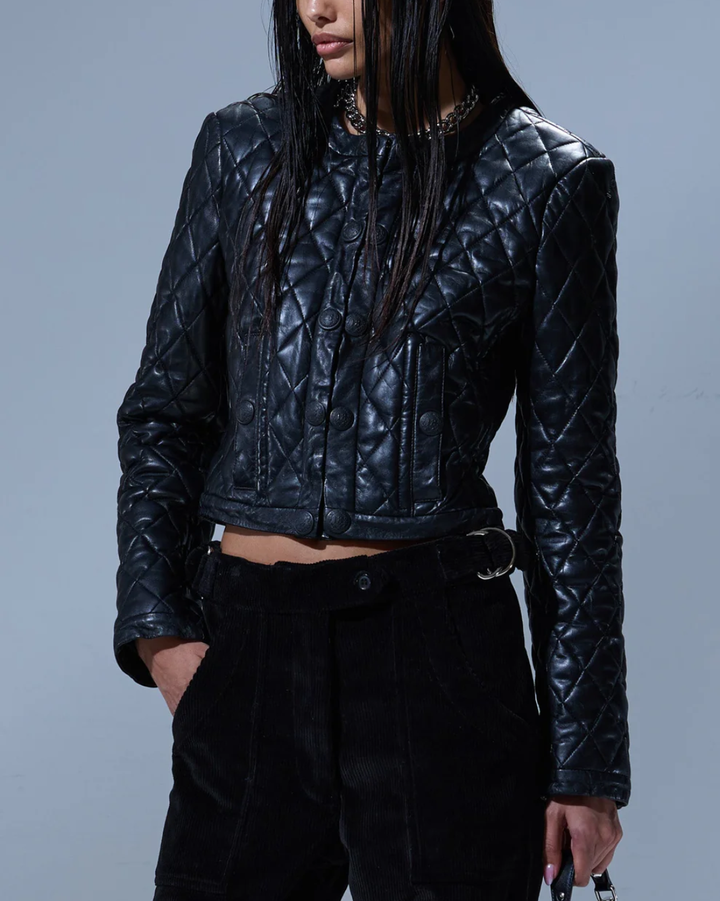 Hook Front Leather Jacket | Black