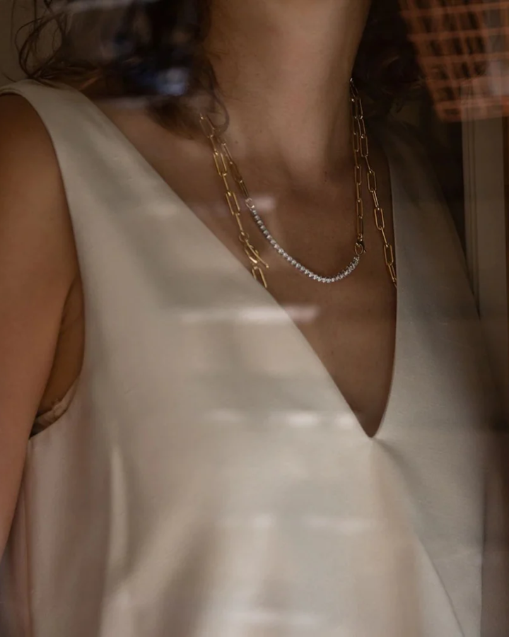 Ascending Diamonds Tennis Neckless on Rectangular Chain | 14K Yellow Gold Lab Grown Diamonds