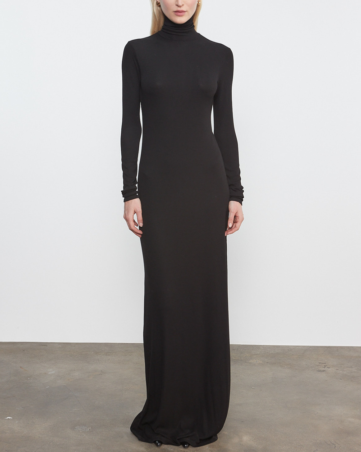 Silk Rib Turtleneck Dress | Black