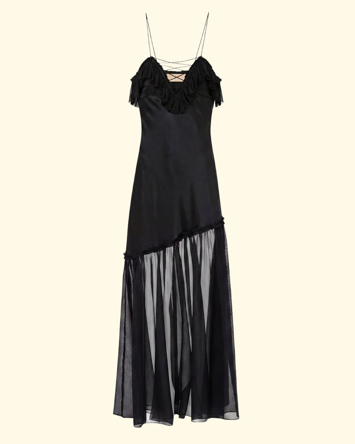 Elaria Cami Silk Gown W Lace Up | Noir