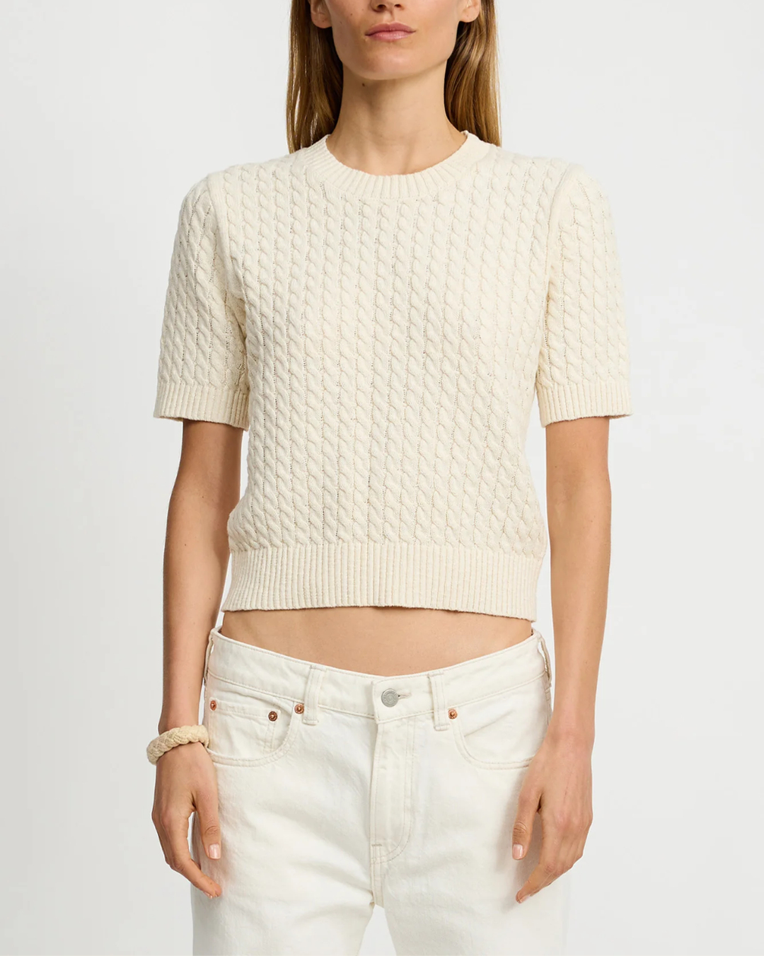 Short Sleeve Cable Crewneck | Cream