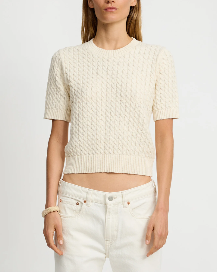 Short Sleeve Cable Crewneck | Cream