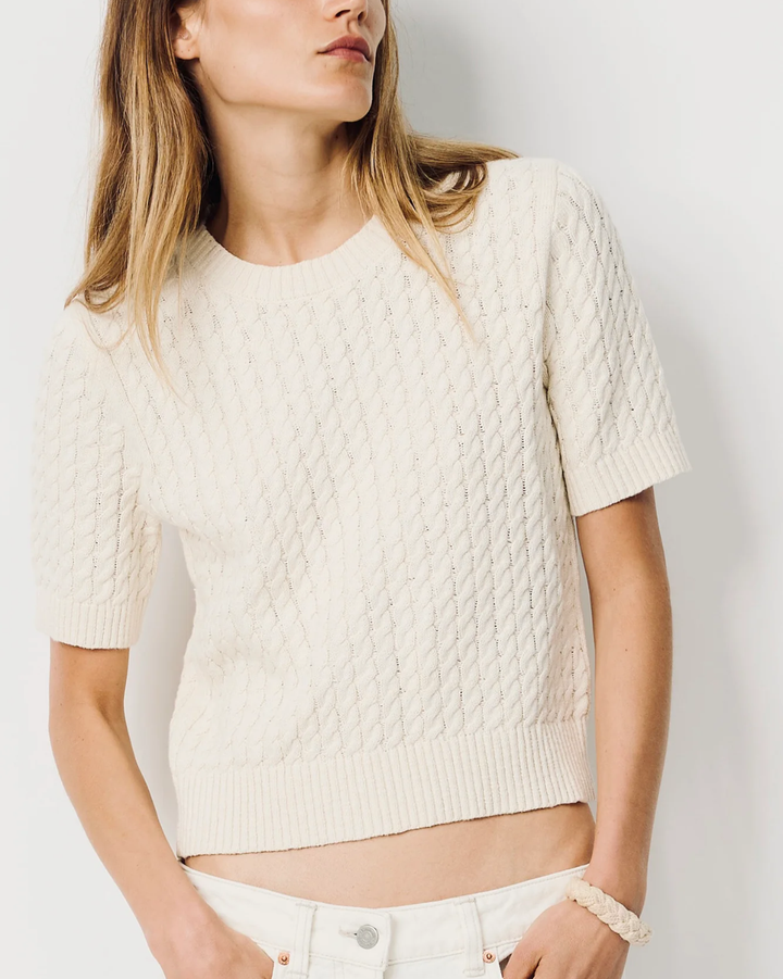 Short Sleeve Cable Crewneck | Cream