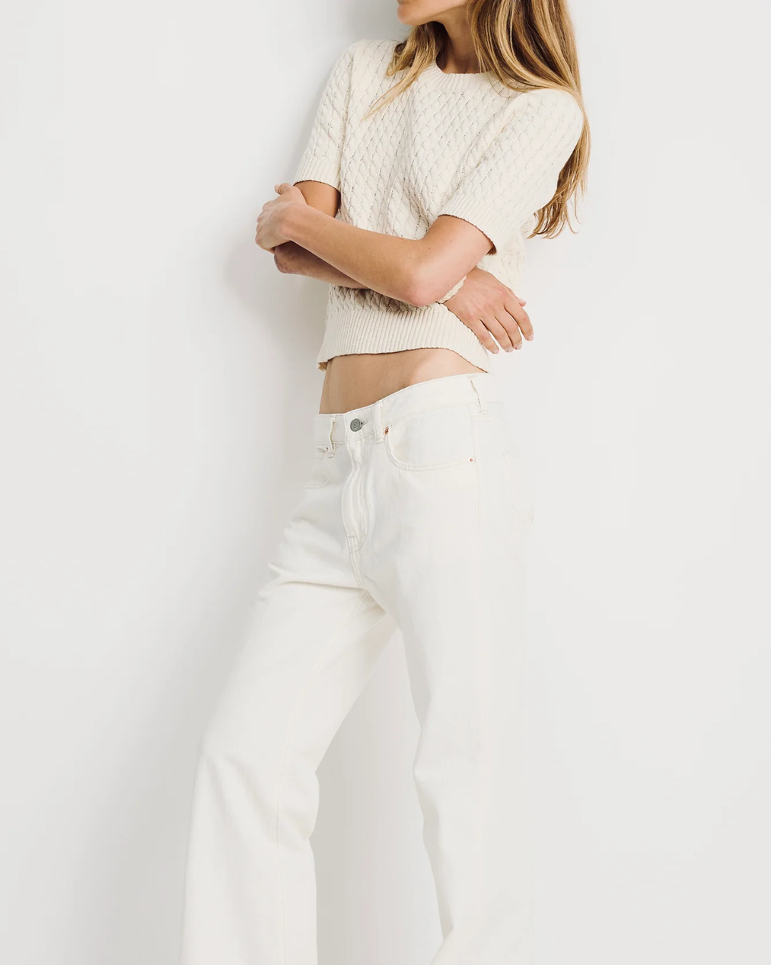 Short Sleeve Cable Crewneck | Cream