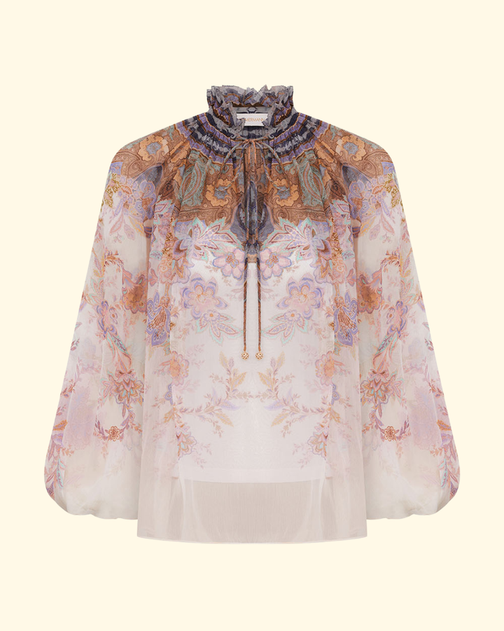 Luna Billow Blouse | Cream Blue Paisley