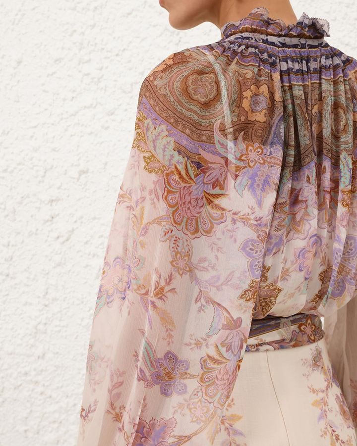 Luna Billow Blouse | Cream Blue Paisley