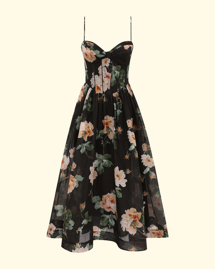 Luna Corset Midi Dress | Black Rose