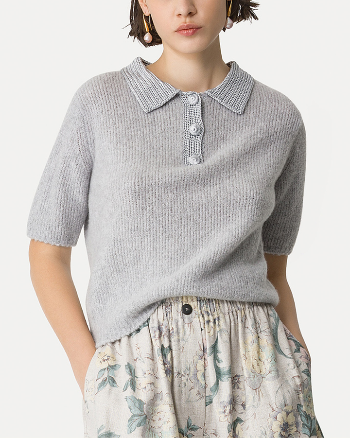 Cashmere Boucle Polo w/ Crochet Neck | Ciottolo
