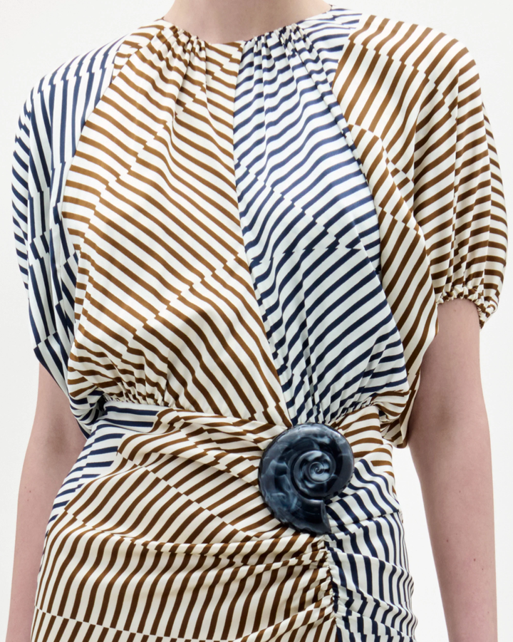 Kala Dress | Navy Brown Multidirectional Stripes
