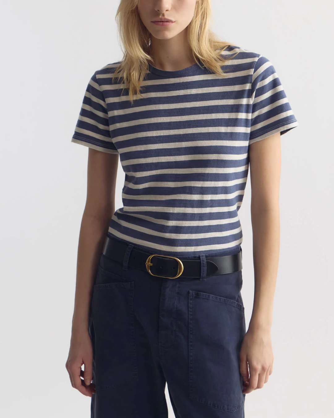 Lana Crewneck Tee | French Blue/Off White Stripe