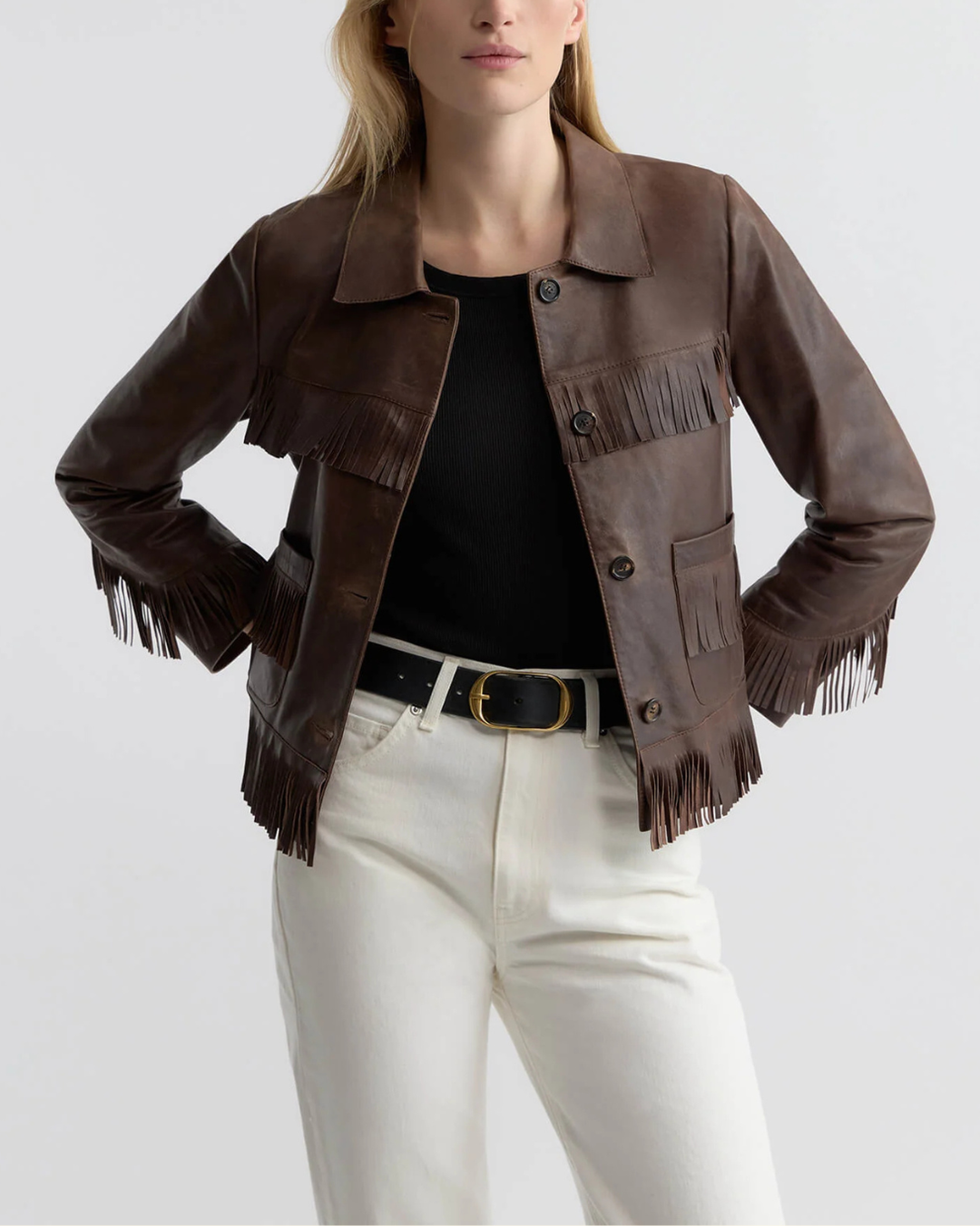Lazare Fringe Leather Jacket | Dark Brown