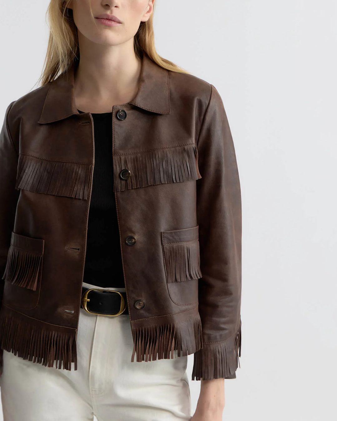 Lazare Fringe Leather Jacket | Dark Brown