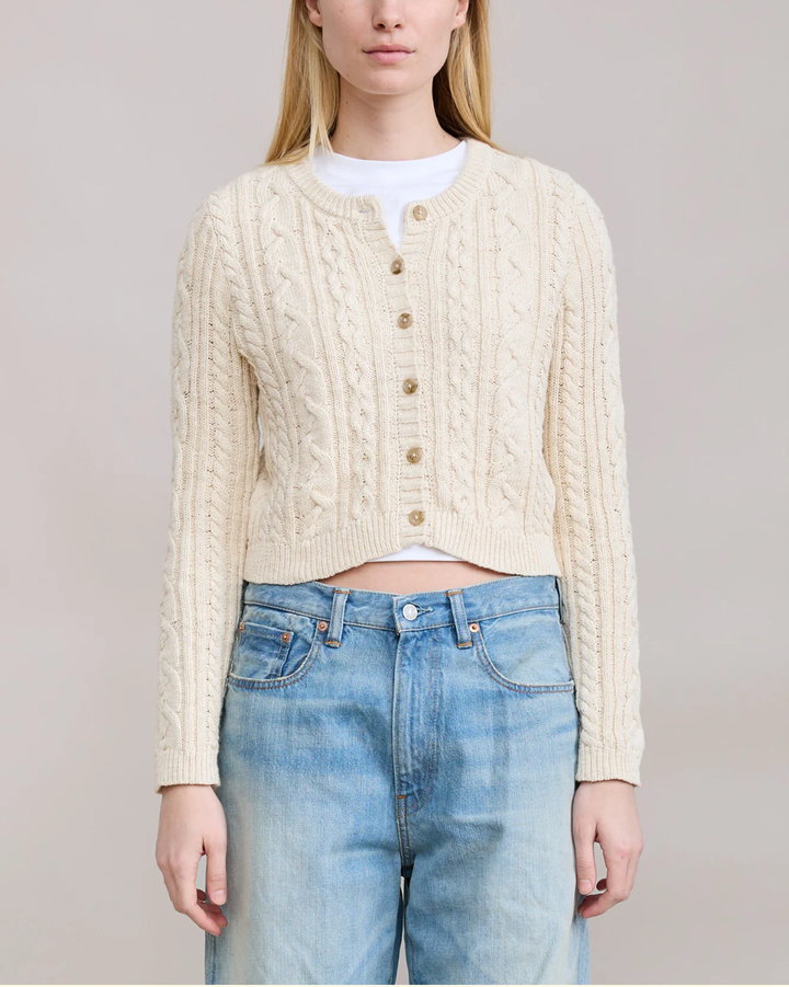 Cable Shrunken Cardigan | Ecru Slub