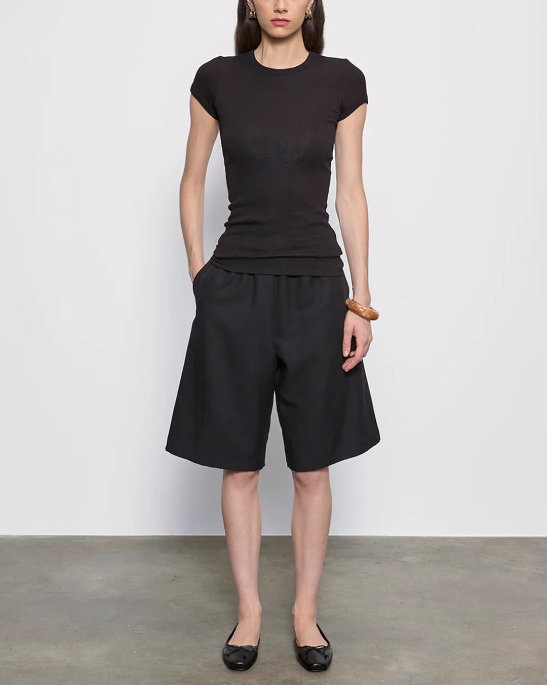 Textured Rib Cap Sleeve Crew | Black