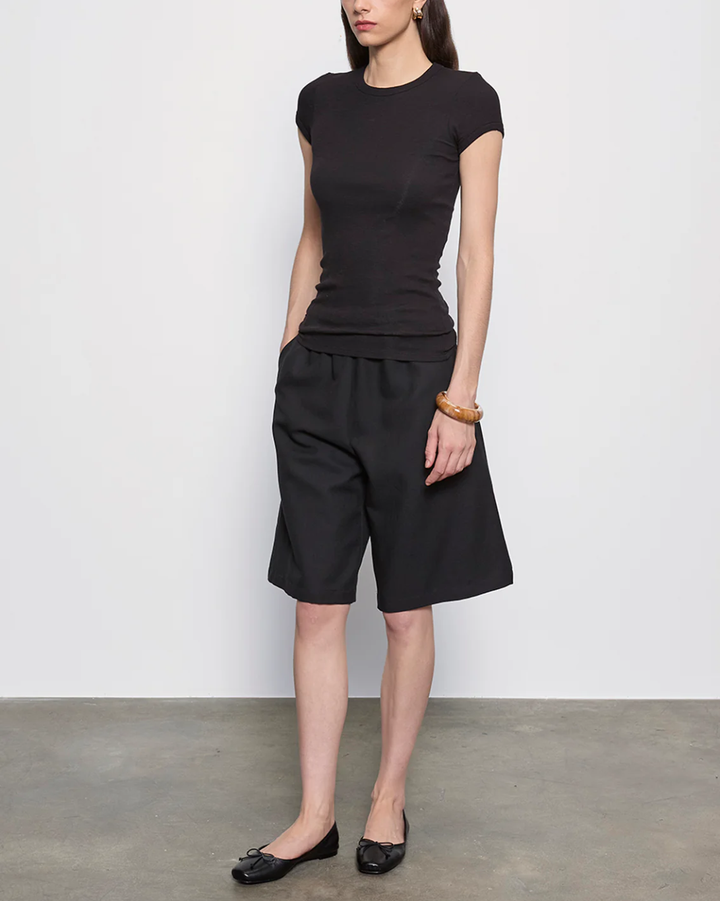 Textured Rib Cap Sleeve Crew | Black