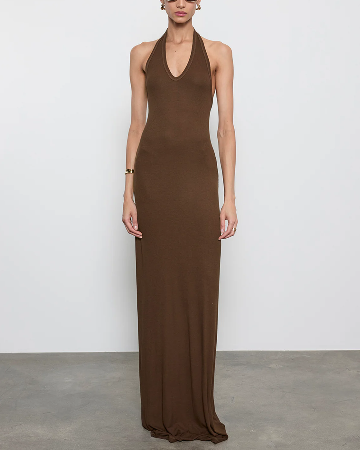 Silk Rib Halter Maxi Dress | Chocolate