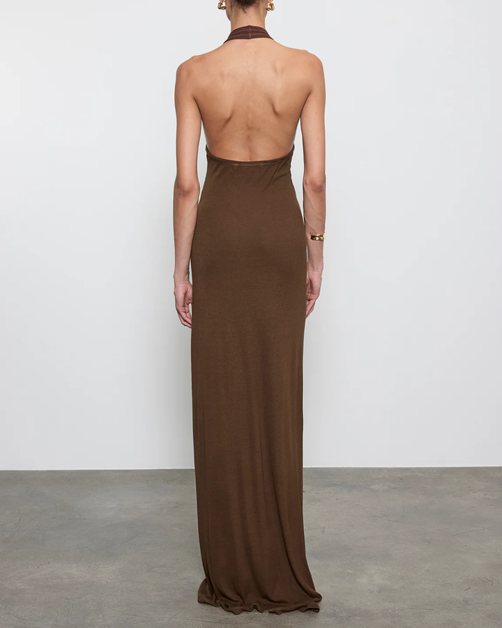 Silk Rib Halter Maxi Dress | Chocolate