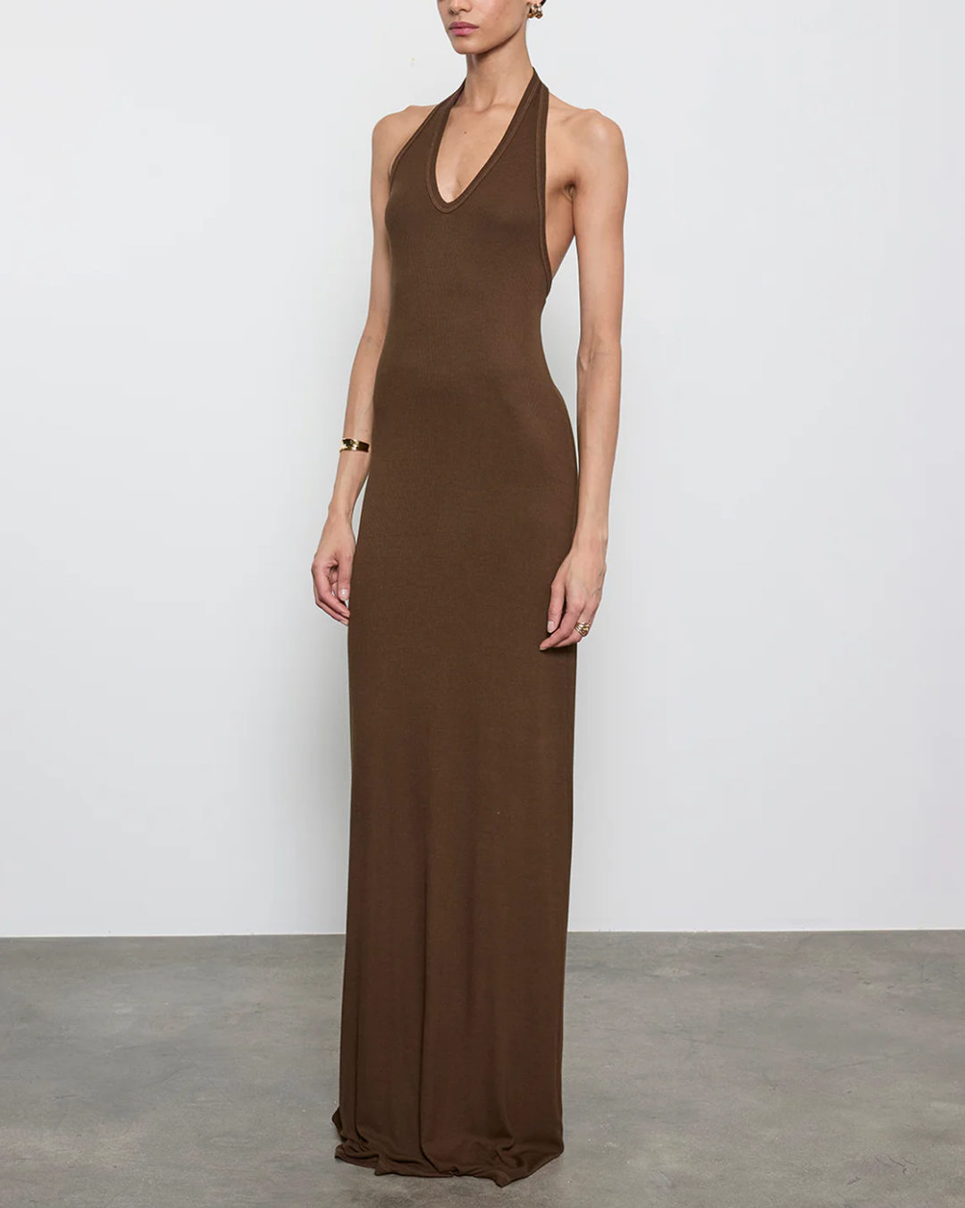 Silk Rib Halter Maxi Dress | Chocolate