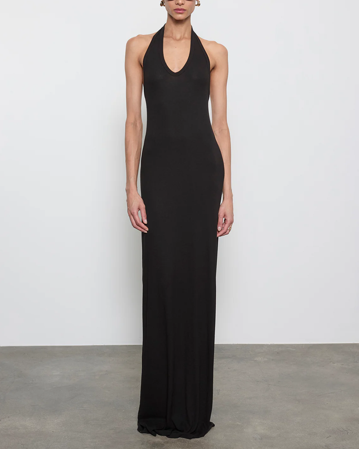 Silk Rib Halter Maxi Dress | Black