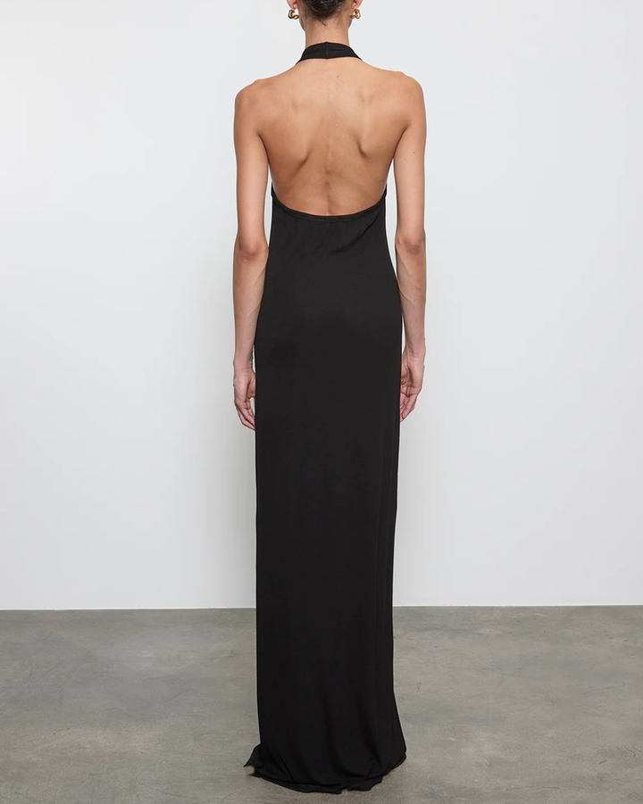 Silk Rib Halter Maxi Dress | Black