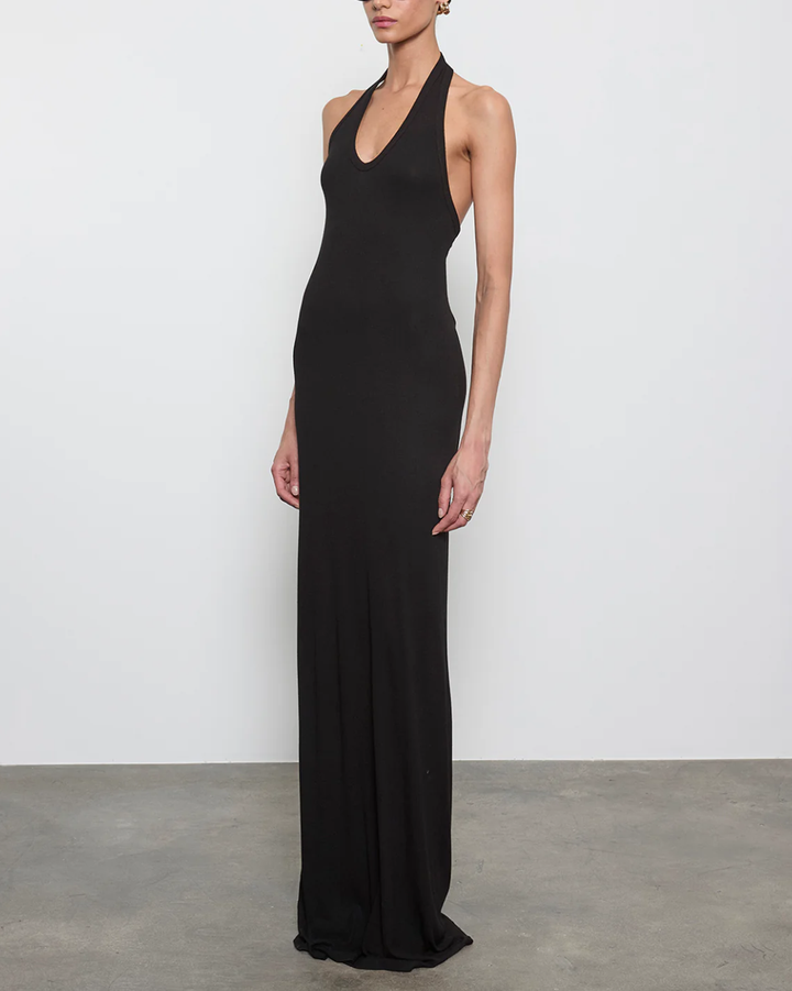 Silk Rib Halter Maxi Dress | Black