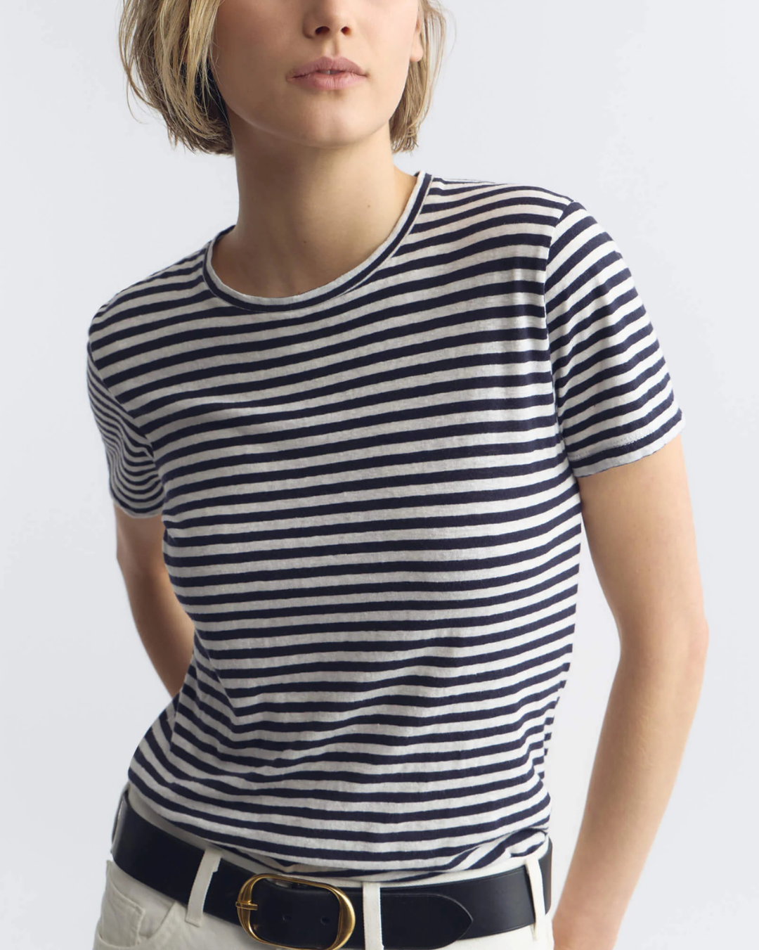 Lana Crewneck Tee | White/Dark Navy Stripe