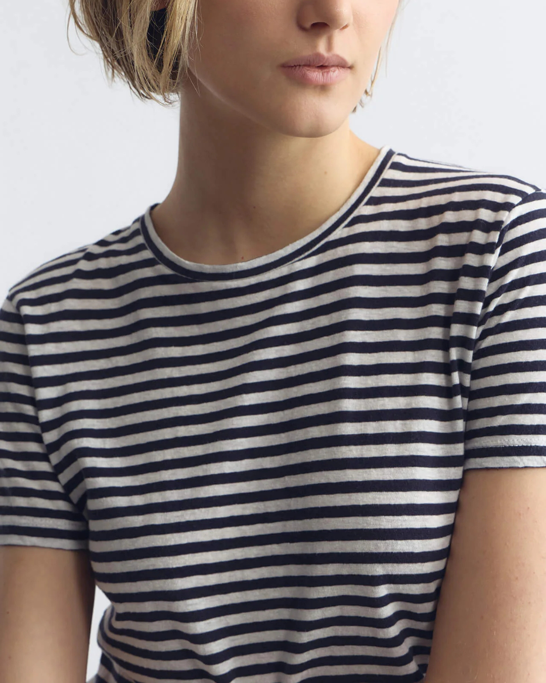 Lana Crewneck Tee | White/Dark Navy Stripe