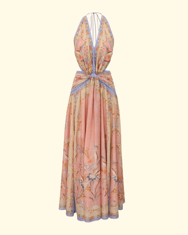 Indra Plunge Halter Maxi Dress | Pink Scarf Floral