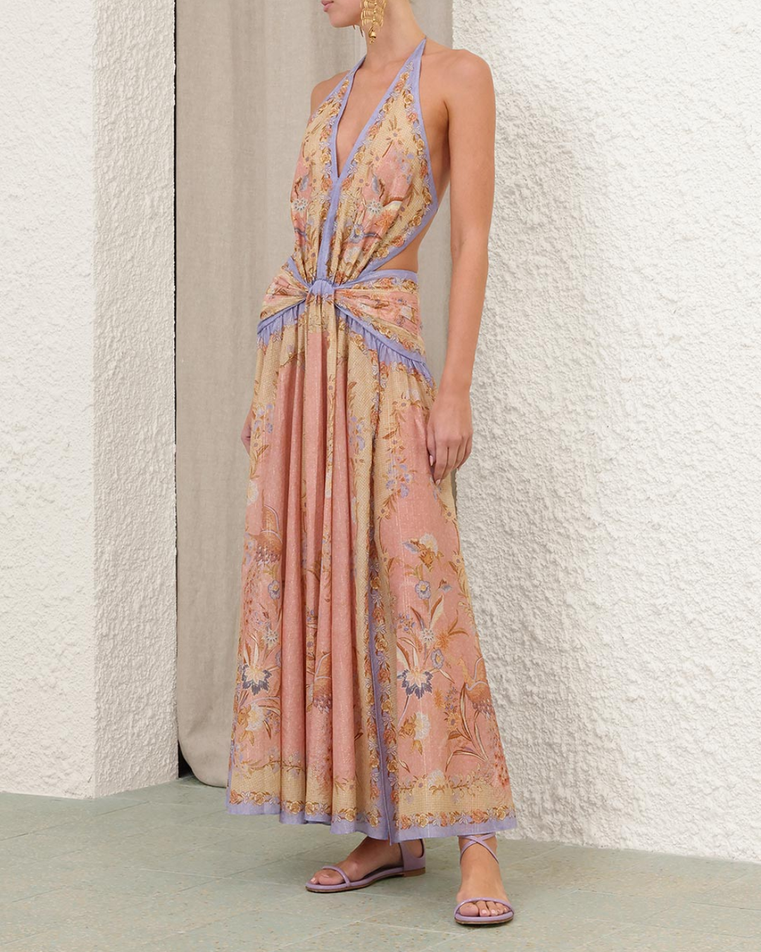 Indra Plunge Halter Maxi Dress | Pink Scarf Floral