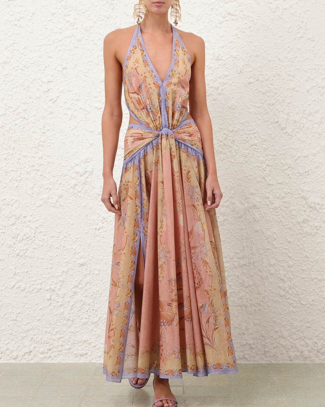 Indra Plunge Halter Maxi Dress | Pink Scarf Floral