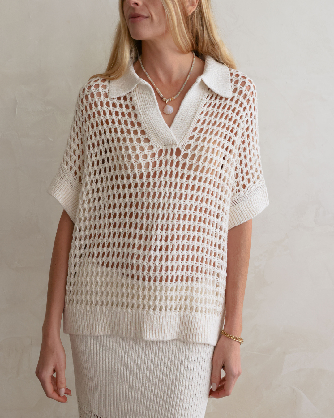 Supersized Open Knit Polo | Ivory