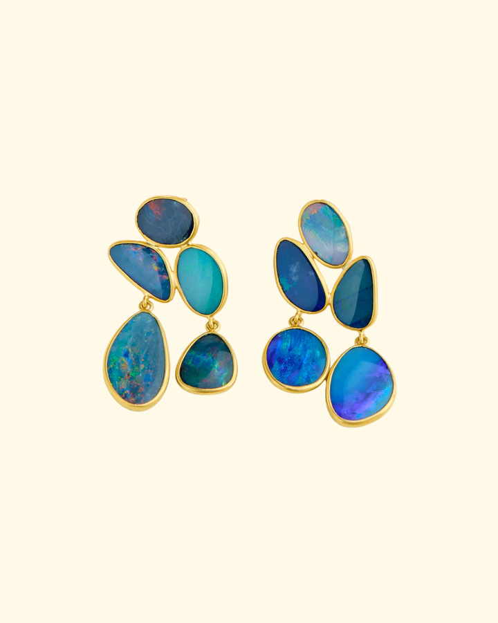 18kt Gold Alectrona Puzzle Set Earrings w/ Two Drops & Top Stud | Opal