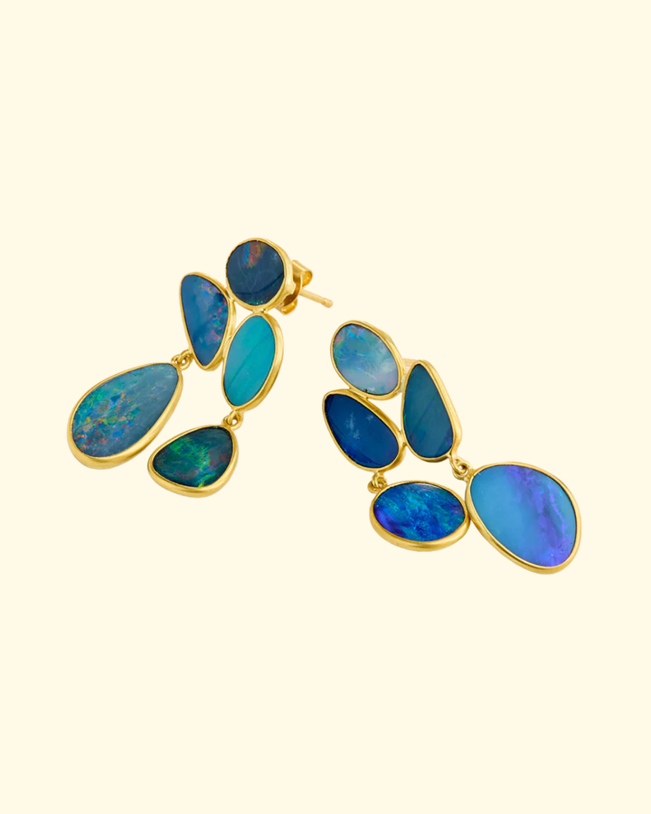 18kt Gold Alectrona Puzzle Set Earrings w/ Two Drops & Top Stud | Opal