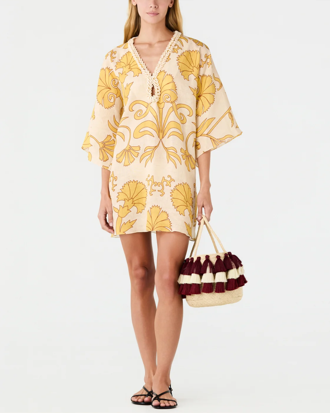 Andina Hand-Embroidered Linen Mini Tunic | Yellow Flowers