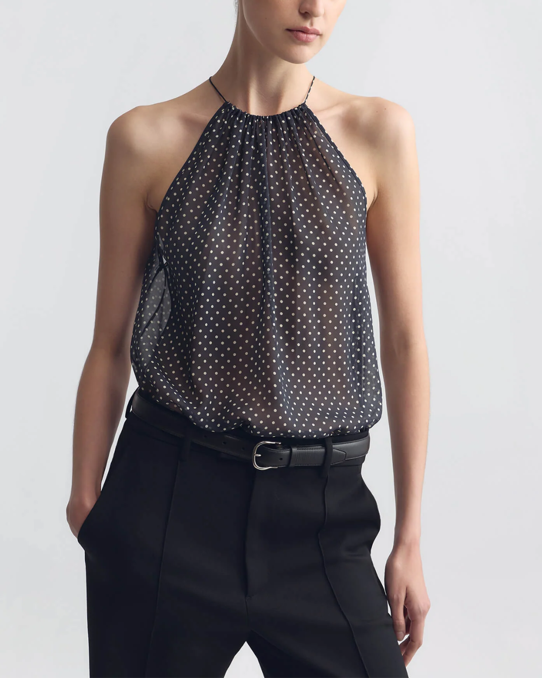 Nikki Halterneck Silk Top| Obsidian/ Ivory Polka Dot