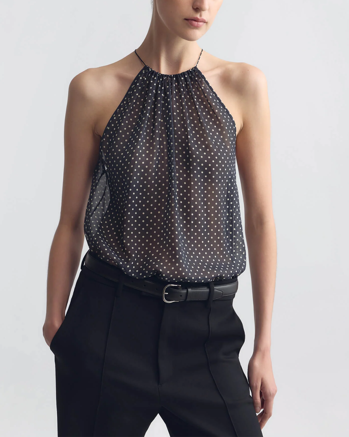 Nikki Halterneck Silk Top| Obsidian/ Ivory Polka Dot