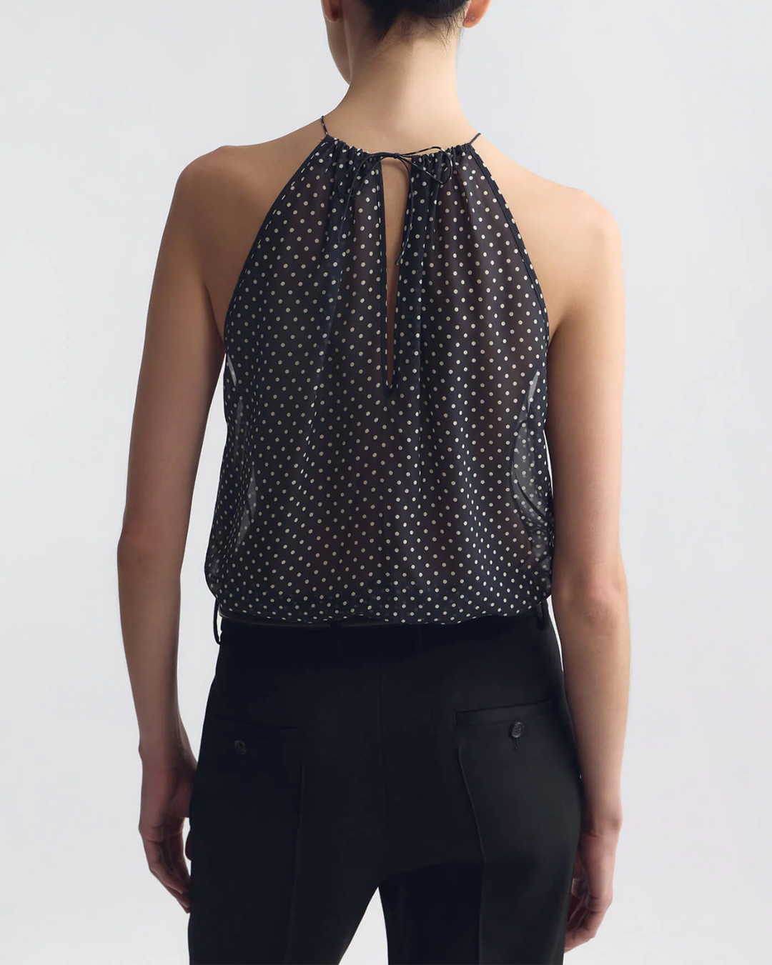 Nikki Halterneck Silk Top| Obsidian/ Ivory Polka Dot