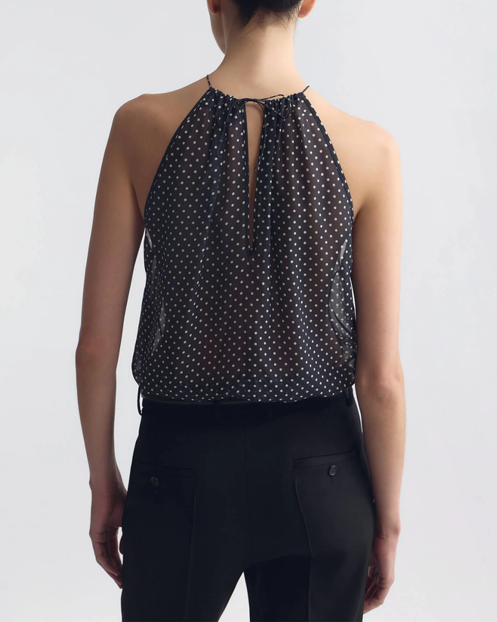 Nikki Halterneck Silk Top| Obsidian/ Ivory Polka Dot
