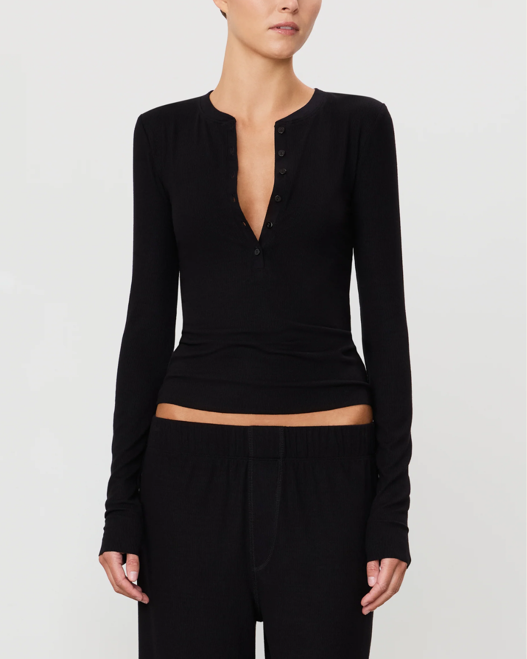 Long Sleeve Henley Top | Black